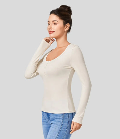 Ribbed Henley Neck Long Sleeve Slim Casual T-Shirt