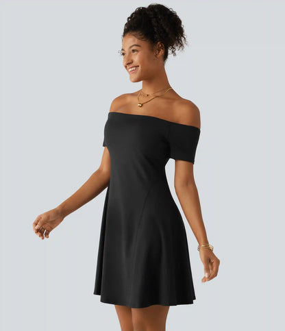 SoftlyZero™ Plush Off Shoulder Short Sleeve Built-in Bra Mini Casual Dress B-DD Cups