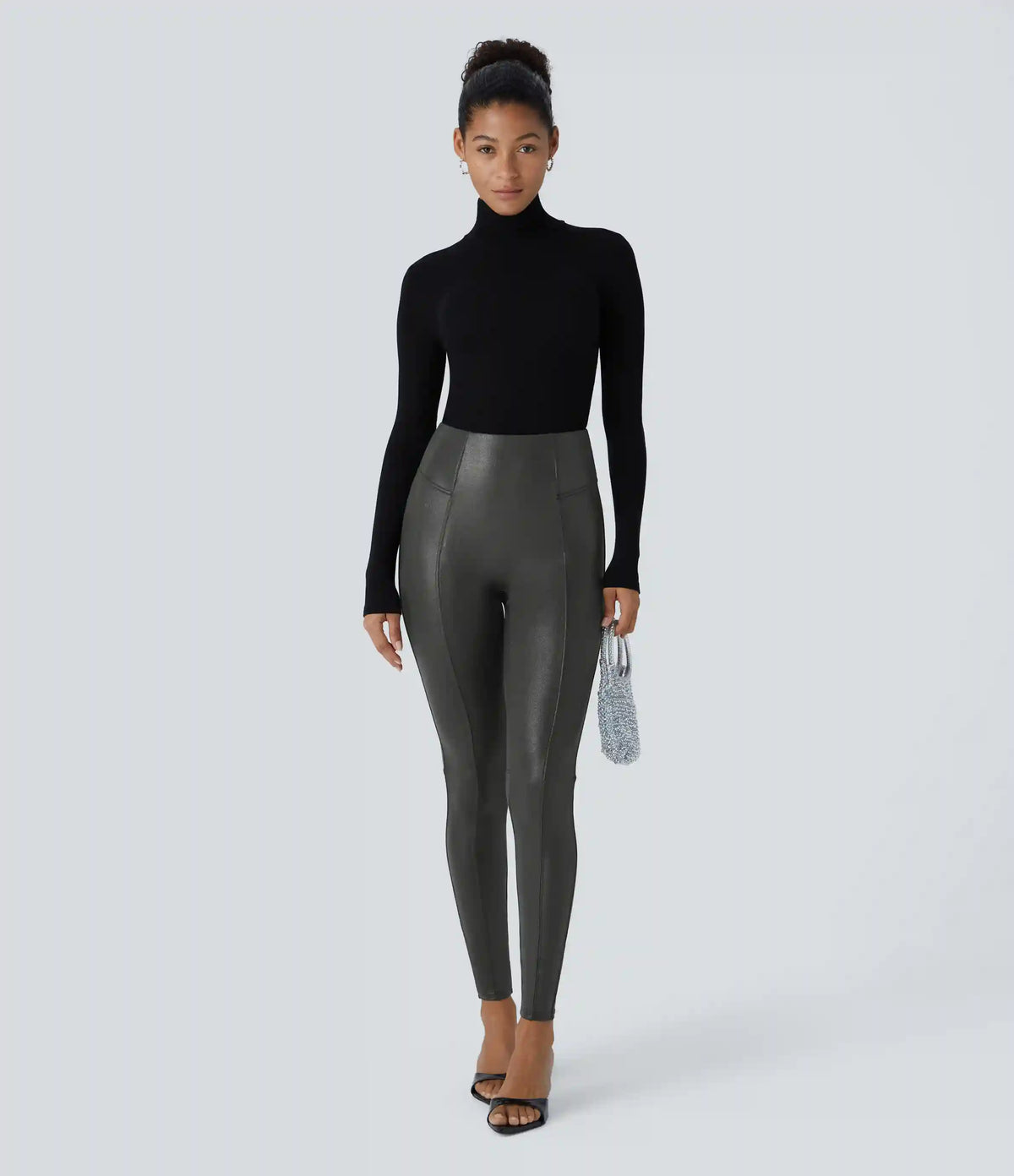 High Waisted Tummy Control Faux Leather Foil Print Stretchy Leggings