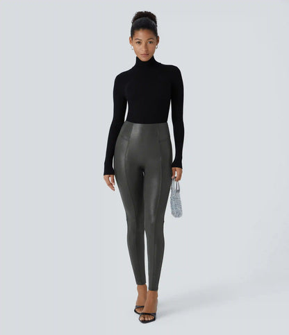 High Waisted Tummy Control Faux Leather Foil Print Stretchy Leggings