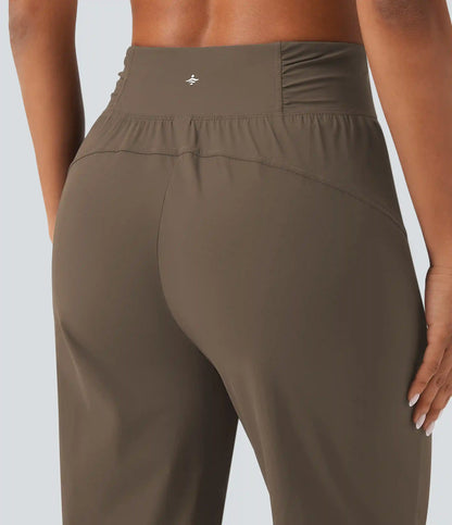 High Waisted Drawstring Ruched Tapered Quick Dry Cool Touch Dance Joggers with Pockets-UPF40+