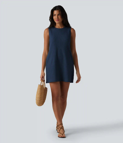 Round Neck Sleeveless Waffle Mini Cotton Dress with Pockets