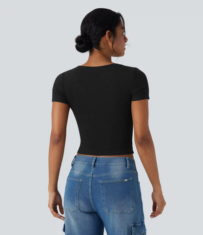 Ribbed Knit V Neck Short Sleeve Cropped Work T-Shirt