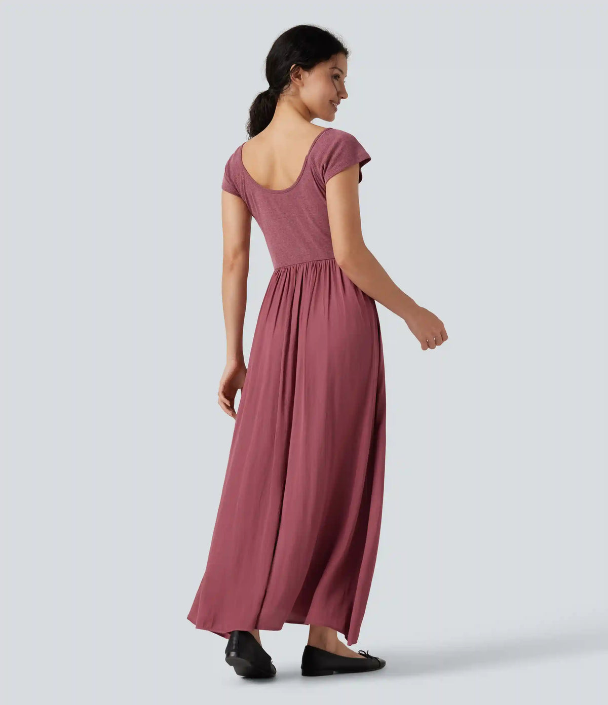 U Neck Short Sleeve Flowy Maxi Casual Dress