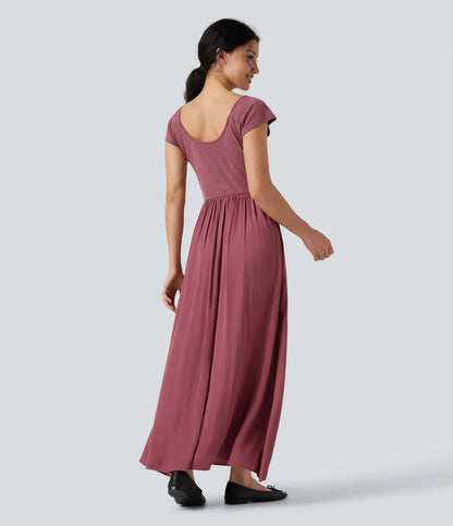 U Neck Short Sleeve Flowy Maxi Casual Dress