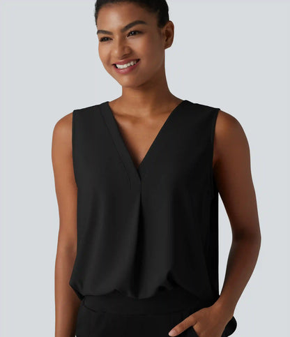 Wrinkle Recovery V Neck Sleeveless Oversized Work Blouse