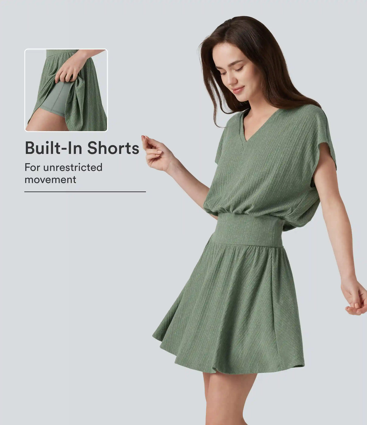 Ribbed Knit V-neck Short Sleeve 2-in-1 Mini Casual Linen-Blend Flowy Dress
