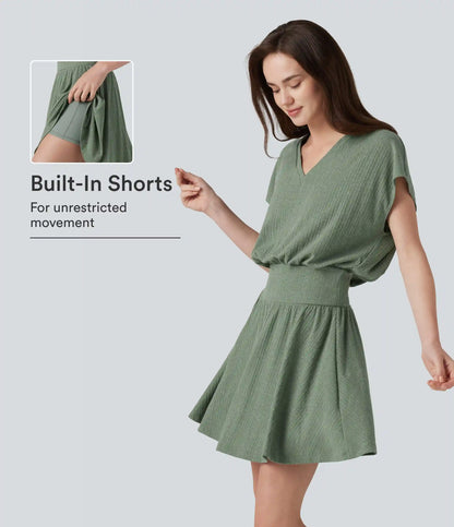 Ribbed Knit V-neck Short Sleeve 2-in-1 Mini Casual Linen-Blend Flowy Dress