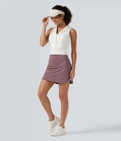 Ultra High-Waist Tummy Control Curved Hem 2-in-1 Stripes Golf Mini Skirt with Pockets