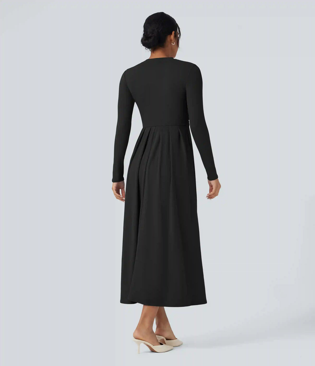 Mock-neck Long Sleeve A-line Casual Maxi Dress with Pockets
