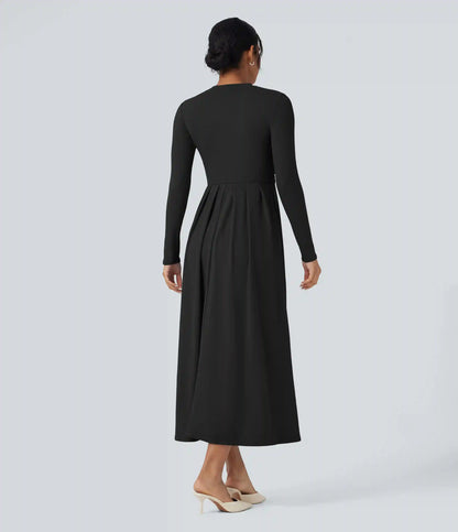 Mock-neck Long Sleeve A-line Casual Maxi Dress with Pockets
