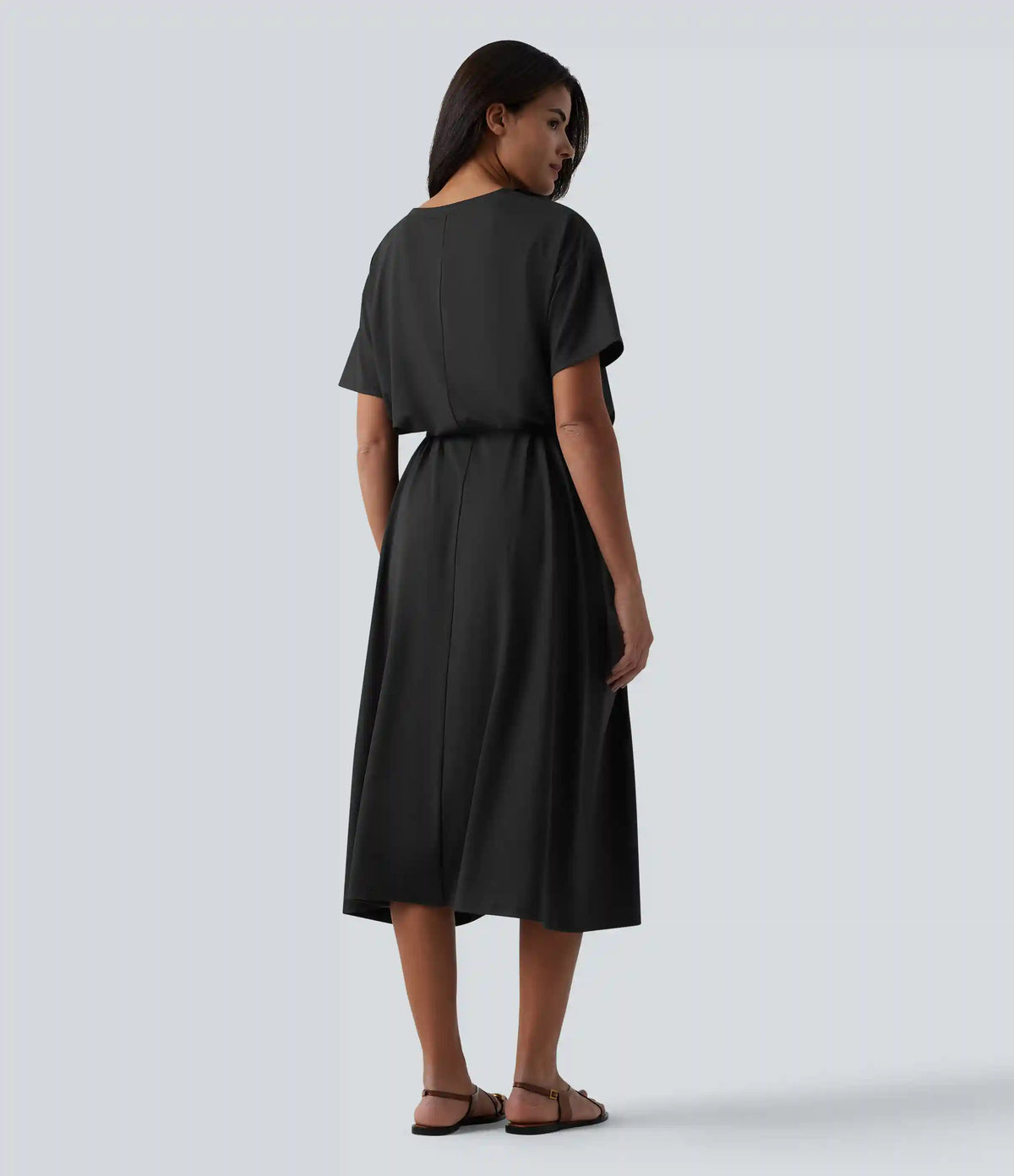 Round Neck Short Sleeve Belted Midi Flowy Casual T-Shirt Dress with Pockets