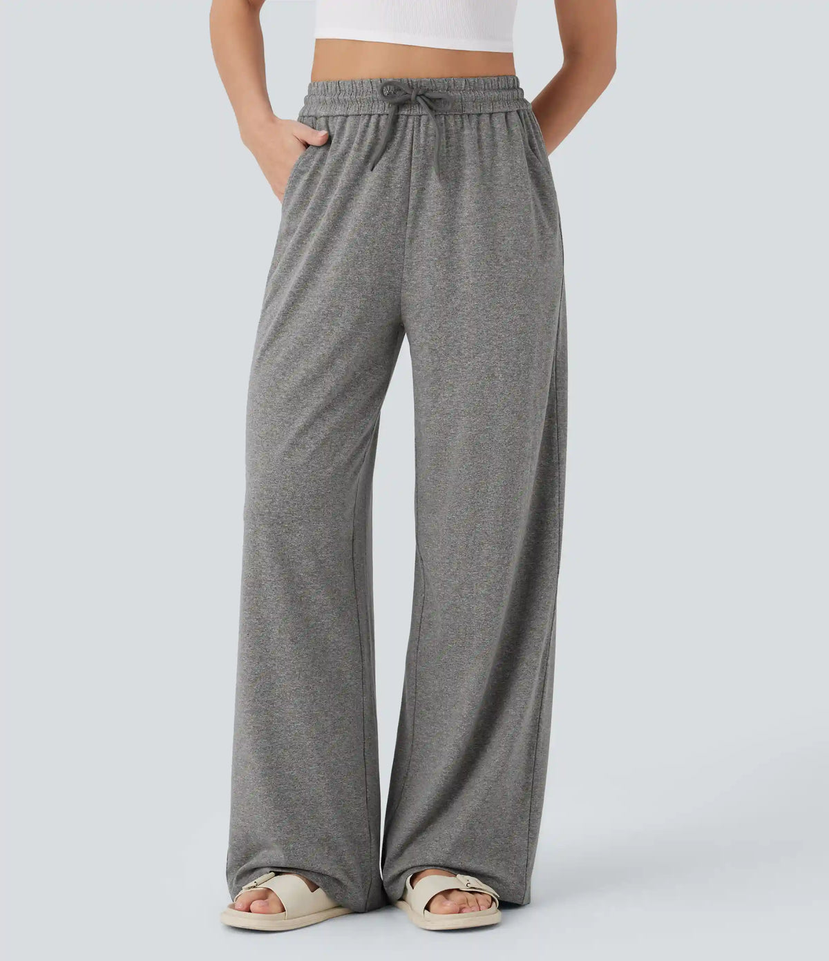 High Waisted Drawstring Pocket Wide Leg Baggy Casual Pants