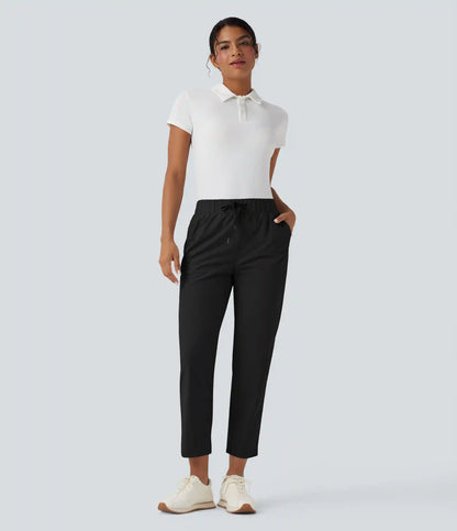 High Waisted Drawstring Pockets Quick Dry Golf Tapered Pants-Golf Tee Pocket