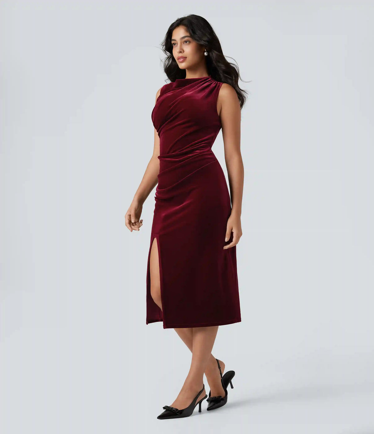 Cowl Neck Sleeveless Split Ruched Bodycon Midi Velvet Dress