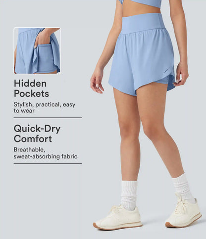 SoftlyZero™ QuickDry High Waisted Tummy Control Reflective Dots Crossover Hem 2-in-1 Running Shorts 5'' with Pockets