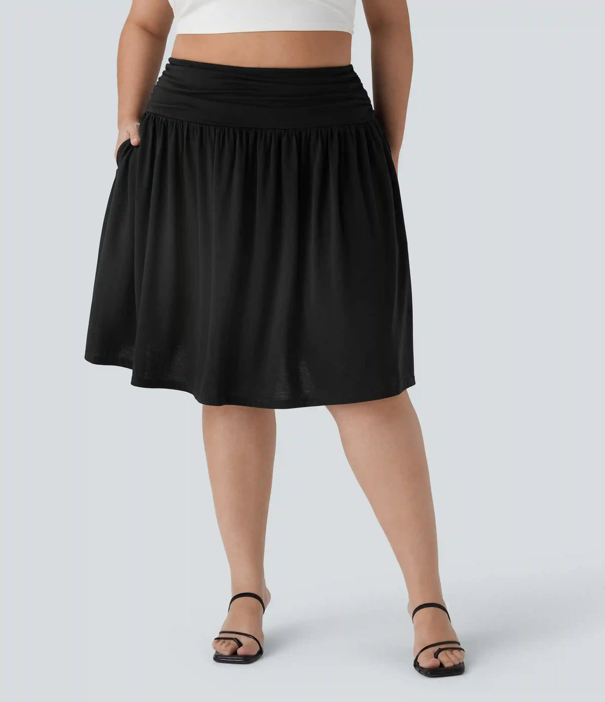 High Waisted Ruched Flowy Plus Size Skirt with Pockets