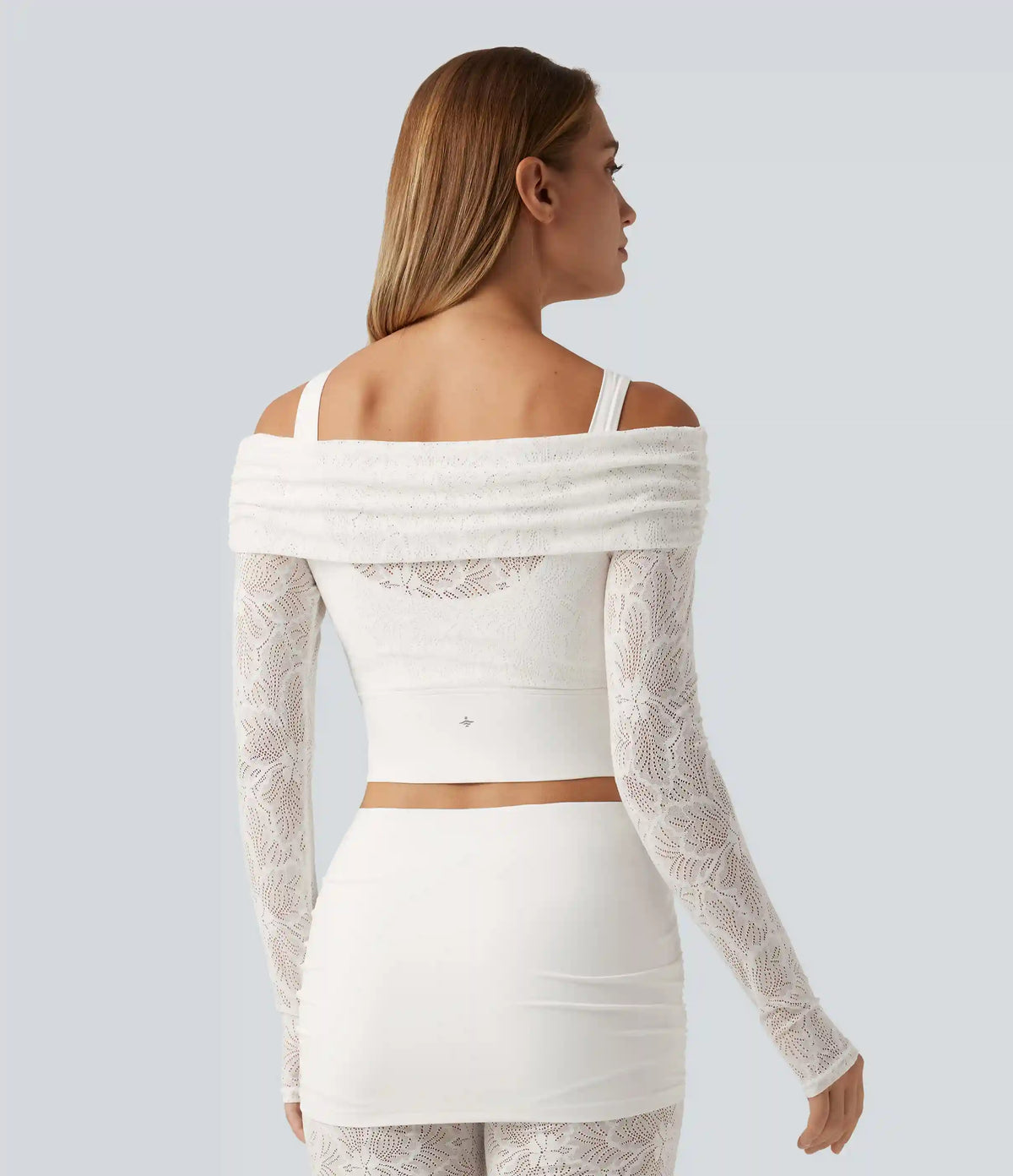 SoftlyZero™ Off Shoulder Long Sleeve Contrast Lace Yoga Sports Top with Built-in Bra