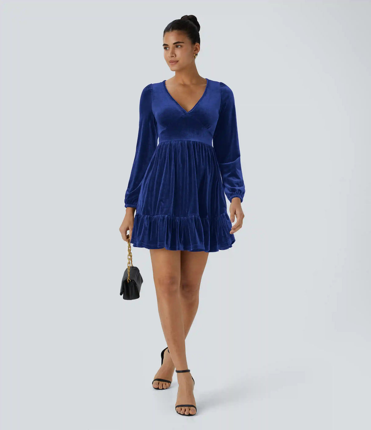 Everyday Deep V Neck Long Sleeve Ruffled Hem Velvet Mini Chill Dress