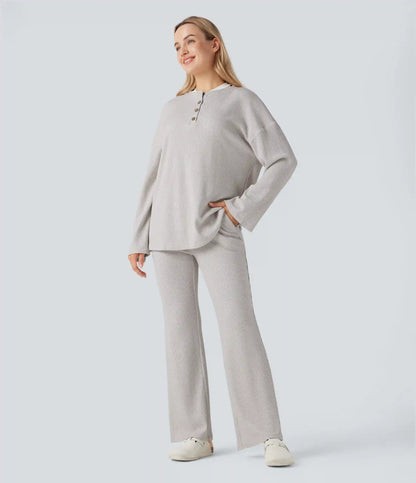 High Waisted Flare Waffle Casual Pants with Pockets