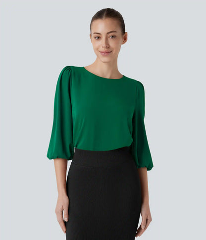 Boat Neck Keyhole Back Bishop Sleeve Work Linen-Feel Blouse