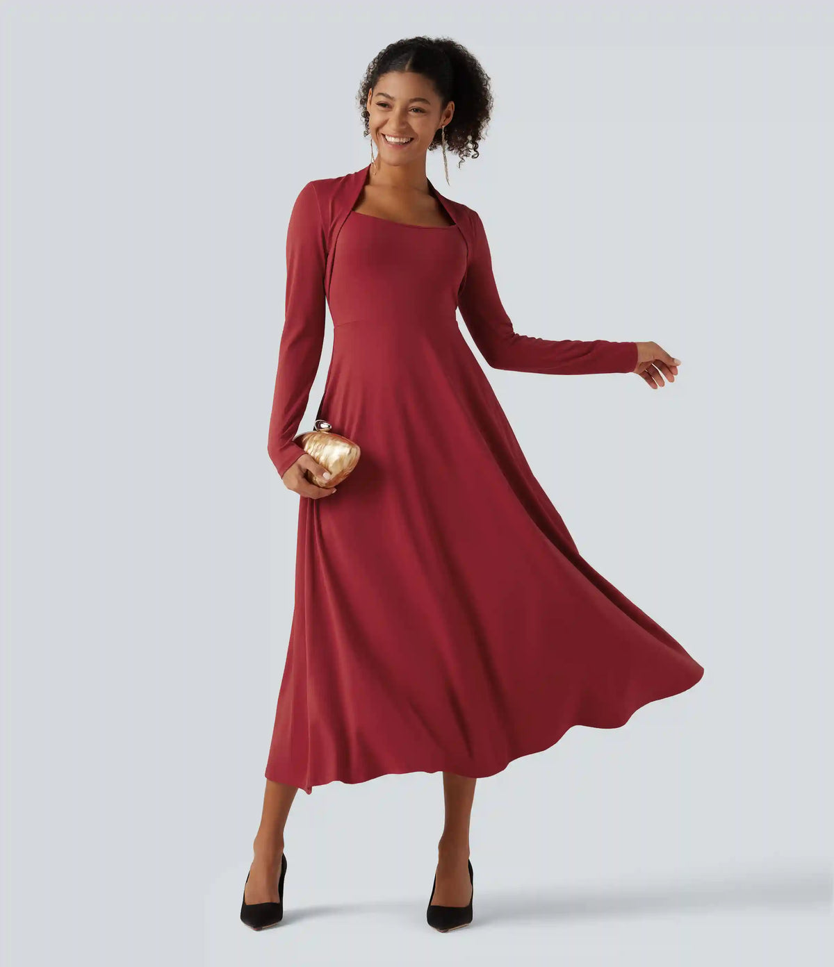 Queen Anne Neck Long Sleeve A-Line Party Midi Dress with Pockets