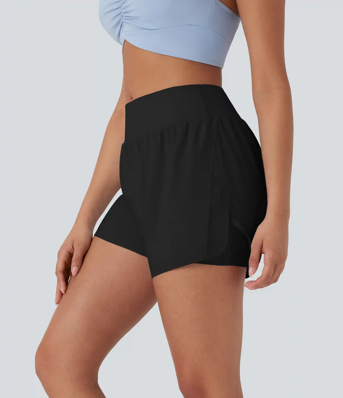 Mid Rise Contrast Mesh 2-in-1 Yoga Shorts with Pockets