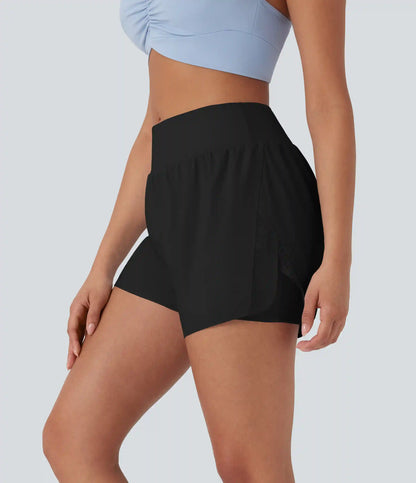 Mid Rise Contrast Mesh 2-in-1 Yoga Shorts with Pockets