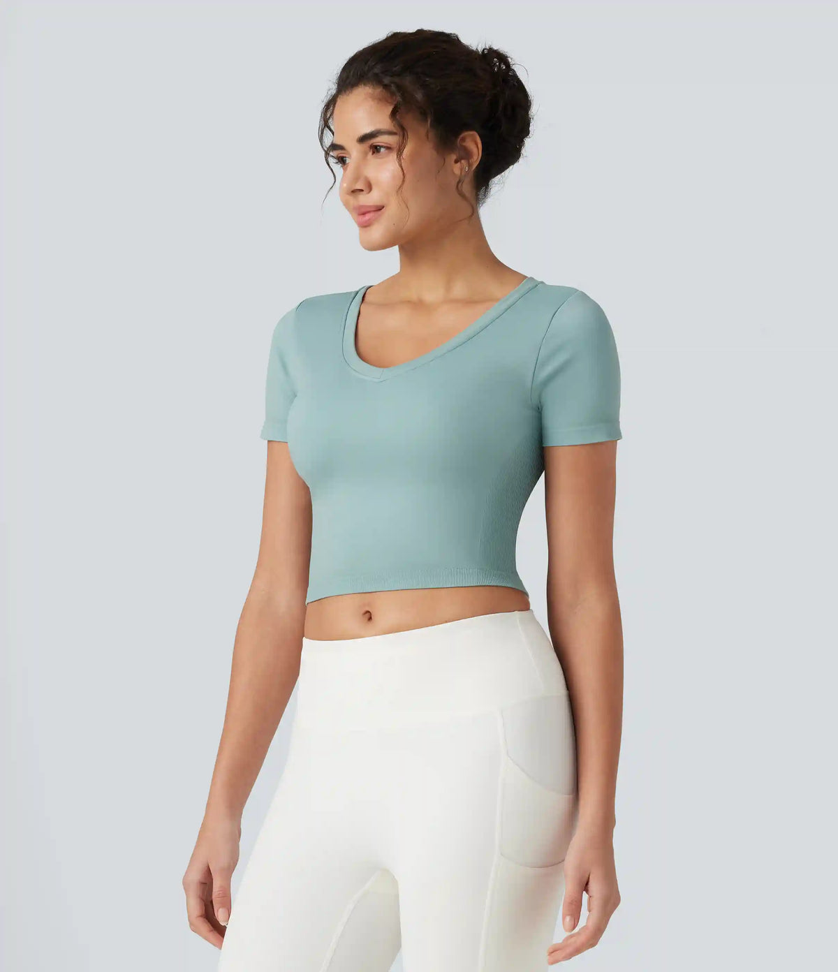 OneForm Seamless Flow V Neck Short Sleeve Built-in Bra Cropped Yoga Sports Top