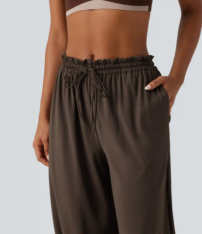 Mid Rise Drawstring Ruched Wrapped Yoga Joggers with Pockets