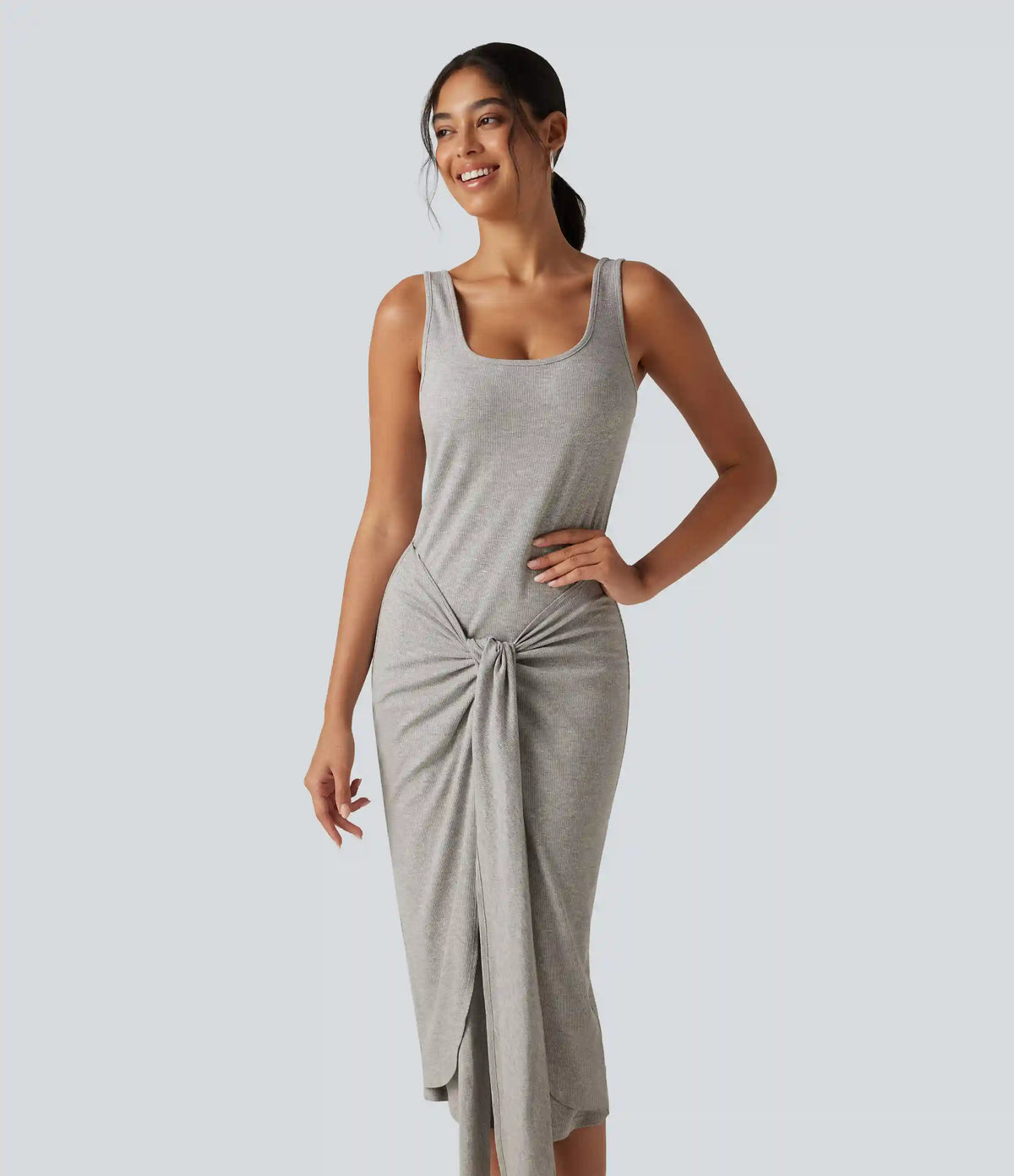 Ribbed Knit U Neck Sleeveless Heathered Bodycon Midi Casual Dress