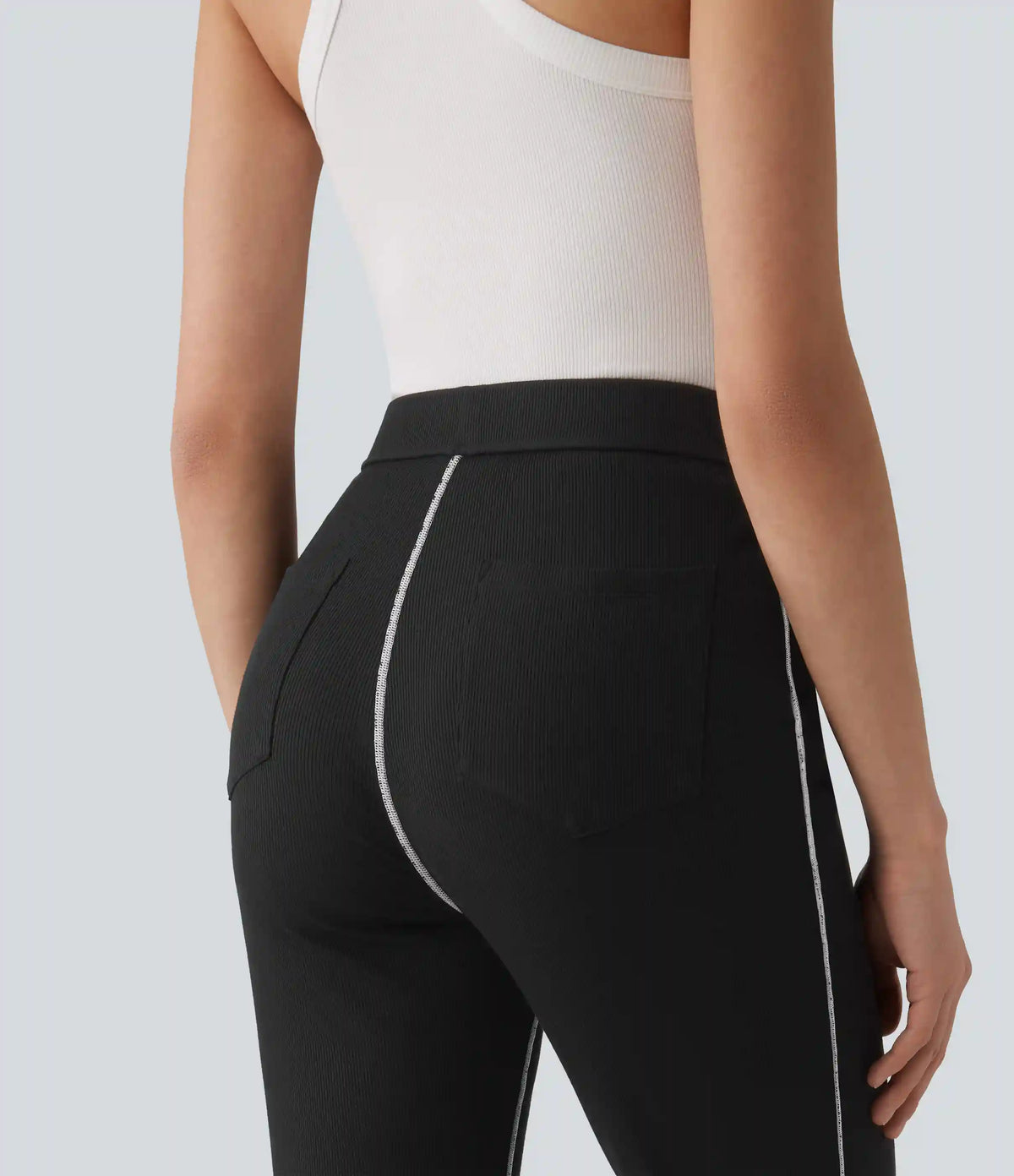 High Stretch Ribbed Knit High Waisted Color Block Top-stitching Casual Flare Leggings with Pockets
