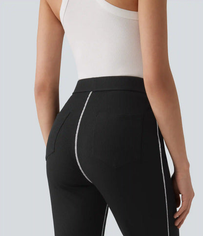 High Stretch Ribbed Knit High Waisted Color Block Top-stitching Casual Flare Leggings with Pockets