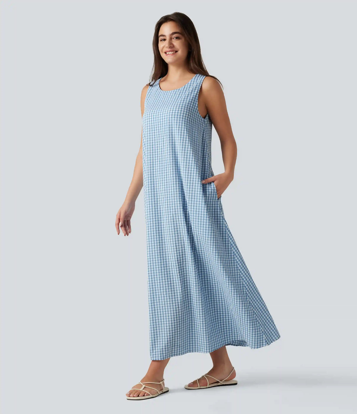 Round Neck Sleeveless Built-in Bra Midi Crinkle Gingham Casual Tank Dress with Pockets