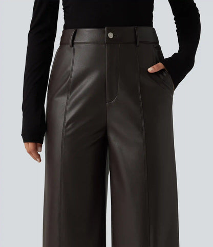 High Waisted Straight Leg Seam Stretchy PU Fleece Casual Leather Pants with Pockets