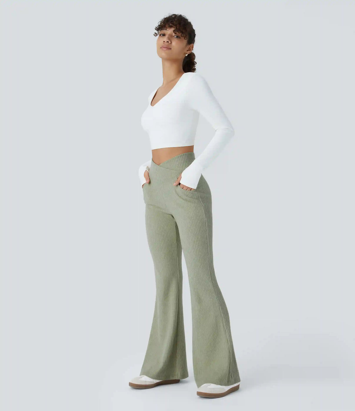 Ribbed Knit Crossover High Waisted Pocket Casual Flare Pants