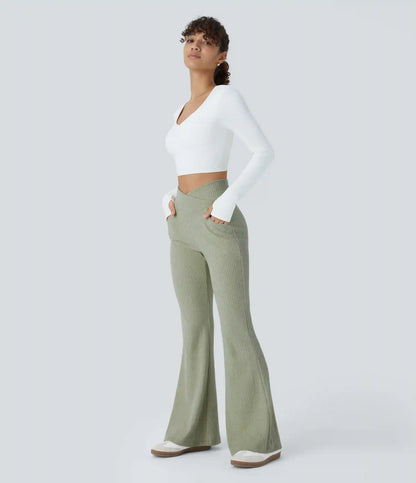 Ribbed Knit Crossover High Waisted Pocket Casual Flare Pants