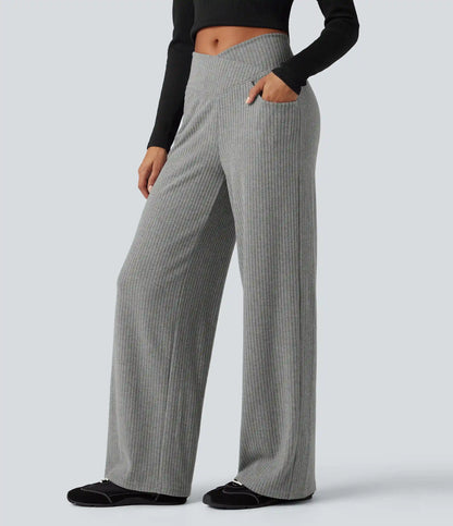 Ribbed Knit High Waisted Crossover Tummy Control Straight Leg Casual Pants with Pockets