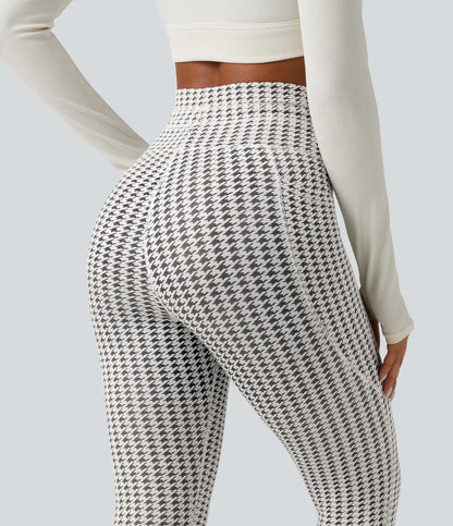 High Waisted Drawstring Houndstooth Yoga Leggings with Pockets