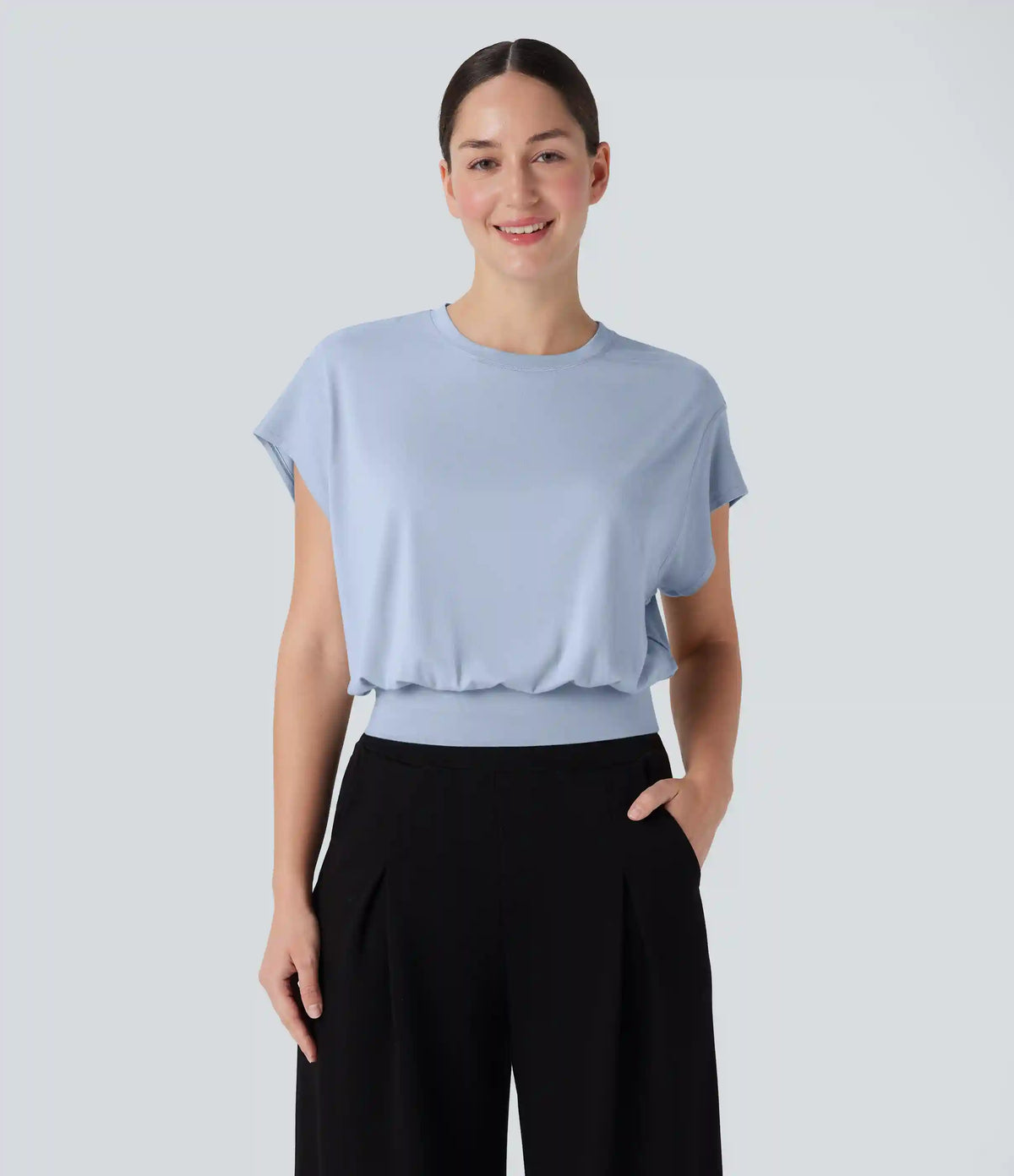 Round Neck Short Batwing Sleeve Work T-Shirt