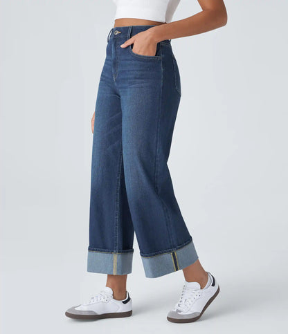 Halara Flex™ High Waisted Pockets Rolled Hem Wide Leg Washed Casual Jeans