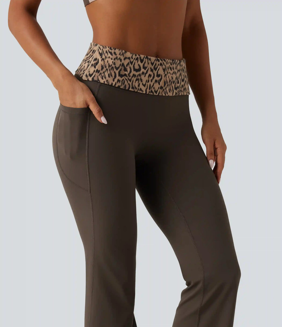 Halara UltraSculpt™ Mid Rise Foldover Tummy Control Leopard Print Flare Yoga Leggings with Pockets