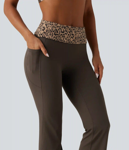 Halara UltraSculpt™ Mid Rise Foldover Tummy Control Leopard Print Flare Yoga Leggings with Pockets