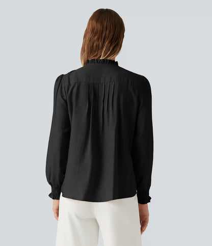 Ruffled Mock Neck Pleated Puff Long Sleeve Work Blouse