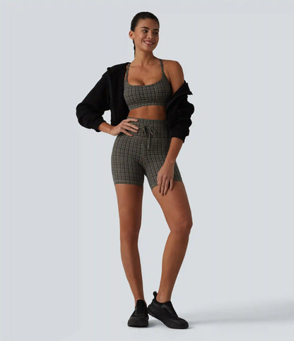 Halara UltraSculpt™ Check Plaid Print High Waisted Drawstring Yoga Biker Shorts 5'' with Pockets