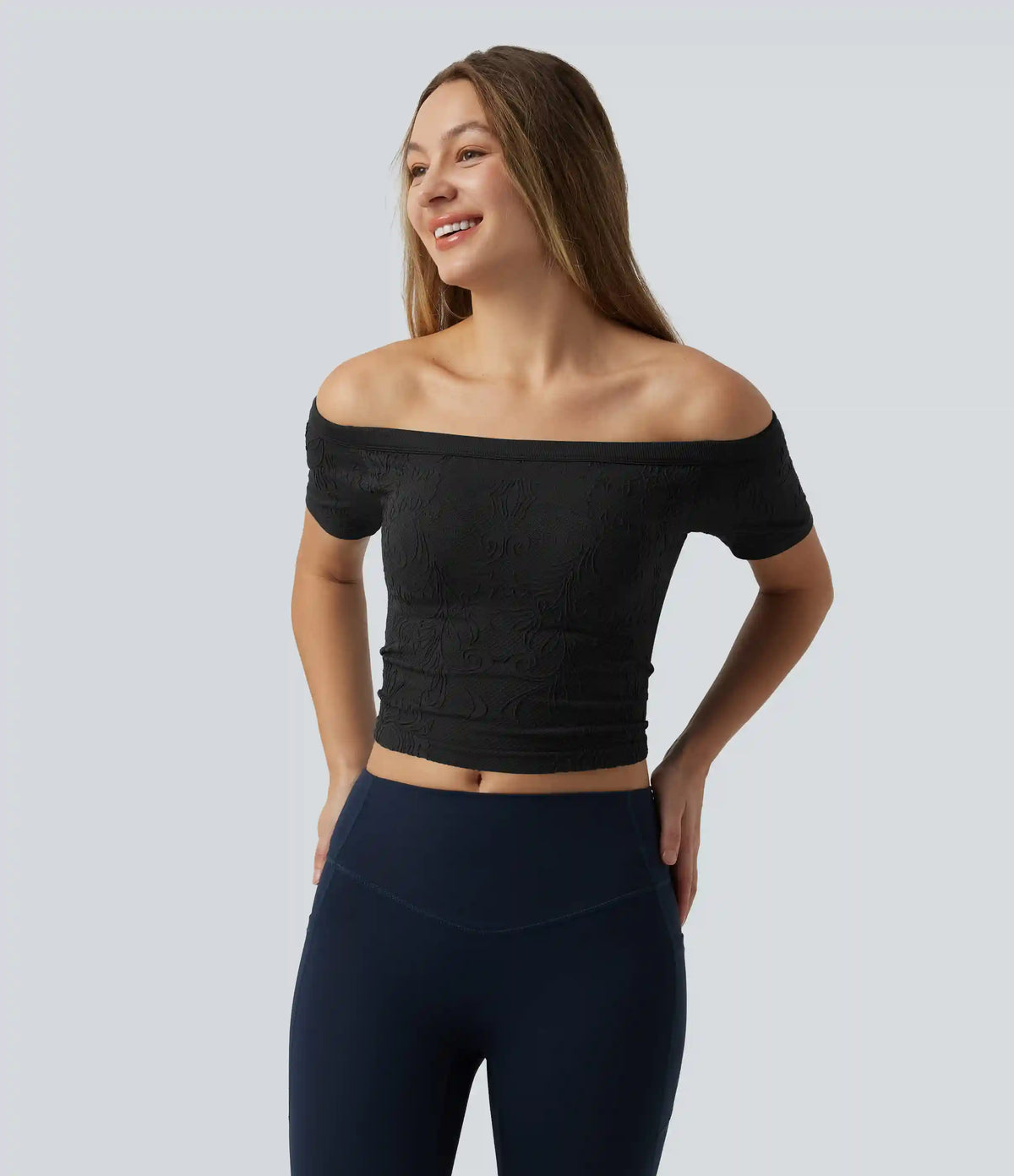 OneForm Seamless Flow Off Shoulder Short Sleeve Built-in Bra Cropped Yoga Sports Top
