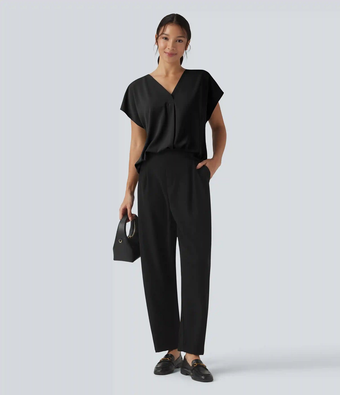 Wrinkle Recovery V-neck Short Sleeve Oversized Work Blouse