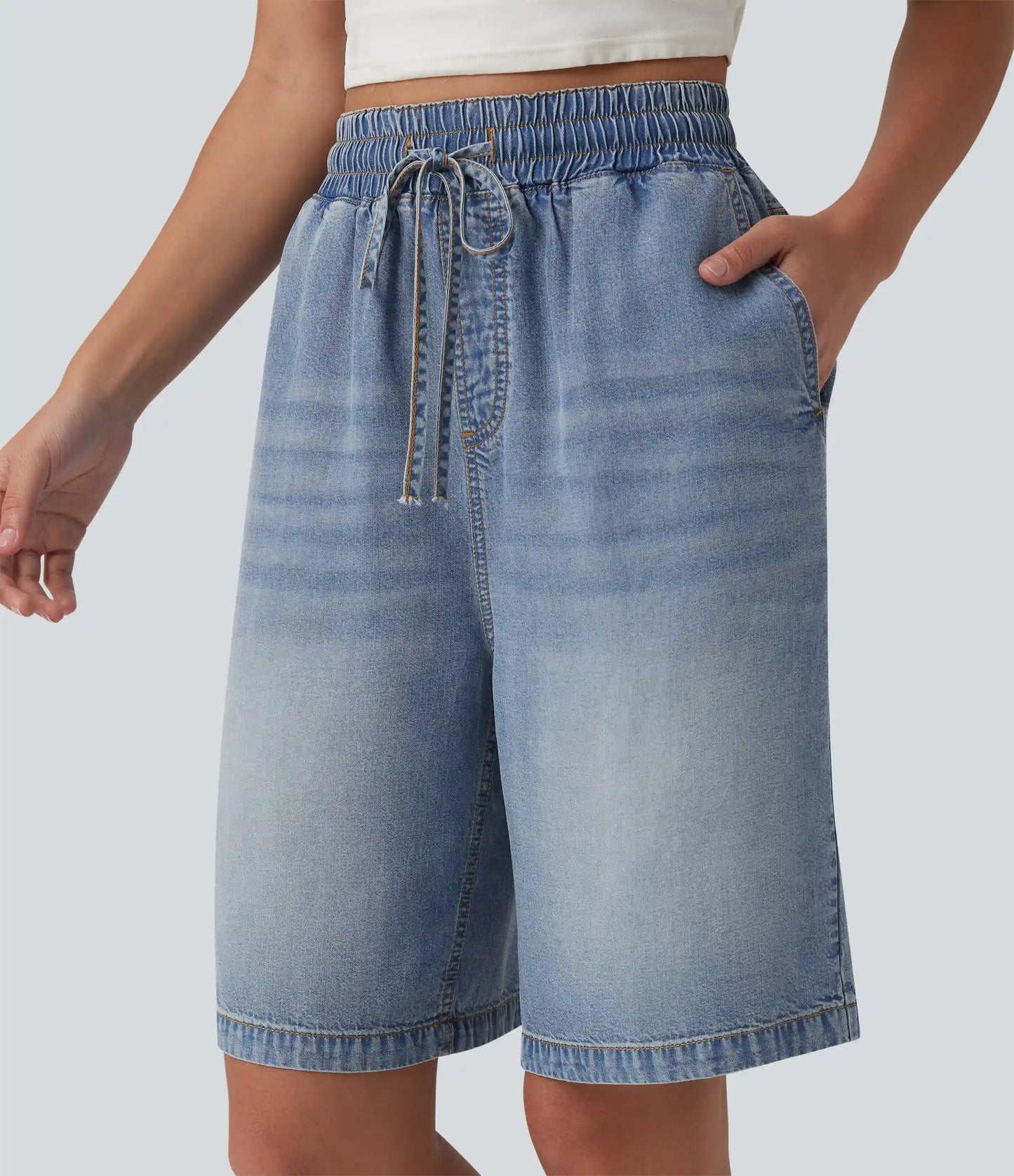 High Waisted Drawstring Denim Casual Bermuda Shorts 9'' with Pockets