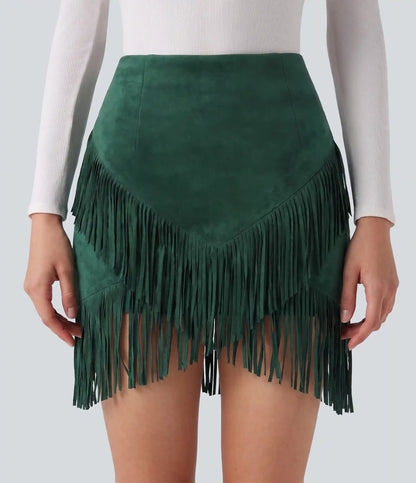 High Waisted 2-in-1 Fringe Hem Bodycon Mini Suede Casual Skirt