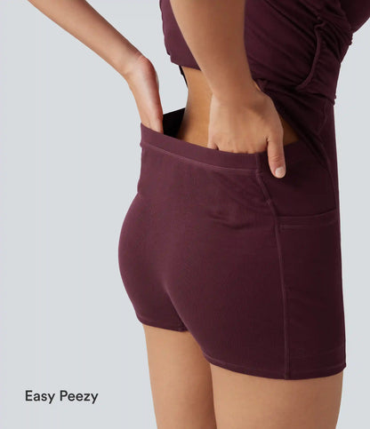 Ribbed One Shoulder Built-in Bra Short Sleeve Bodycon 2-in-1 Mini Casual Dress with Pockets-Easy Peezy Edition
